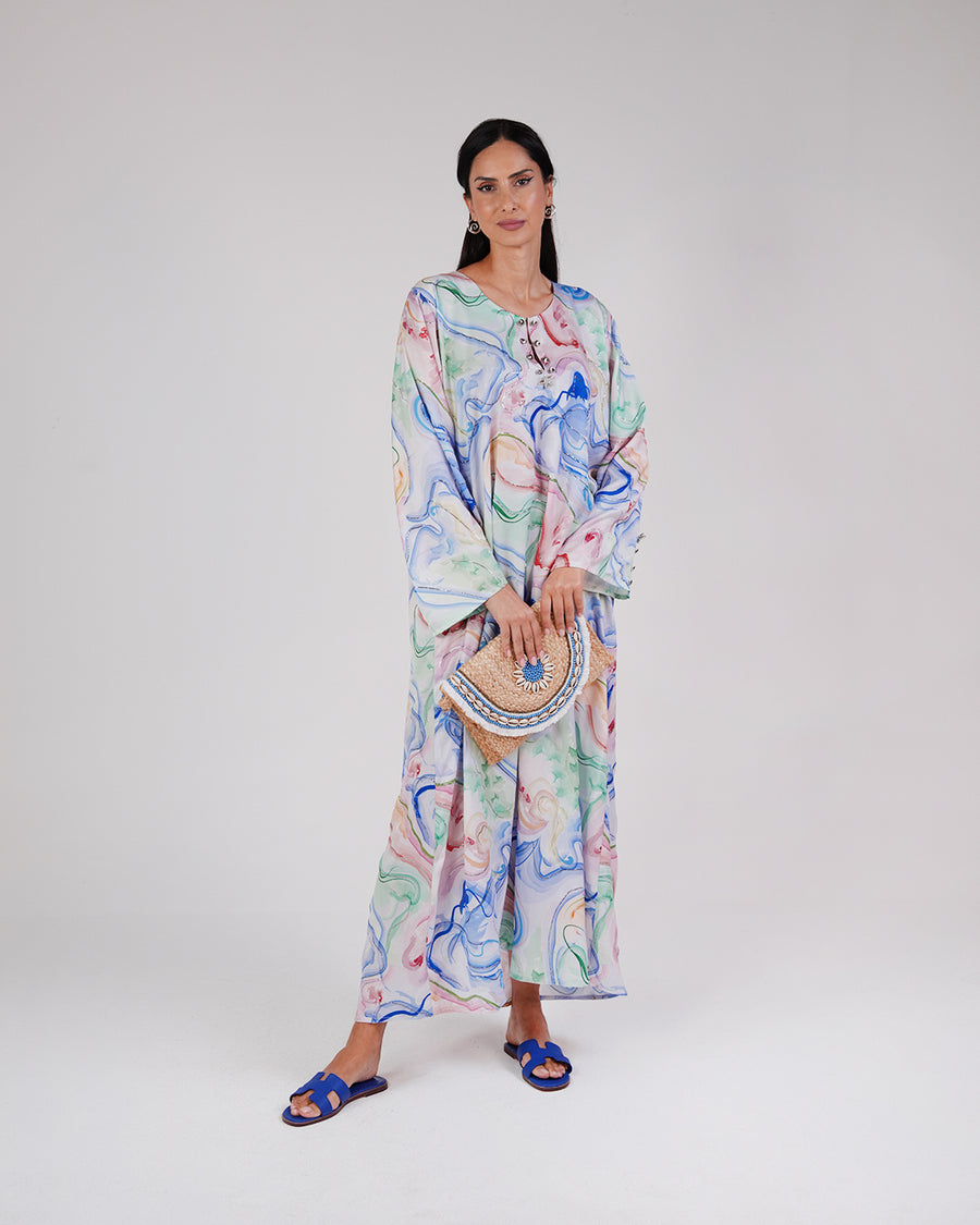 Full-length front view of the Lagoon Opal silk dress in pearl, aqua and pastel tones.