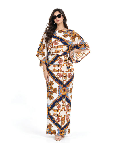 Rivelle – Navy & Gold Printed Satin Dress