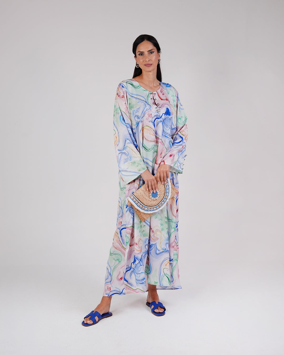 Full-length front view of the Lagoon Opal silk dress in pearl, aqua and pastel tones.