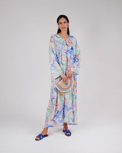 Full-length front view of the Lagoon Opal silk dress in pearl, aqua and pastel tones.