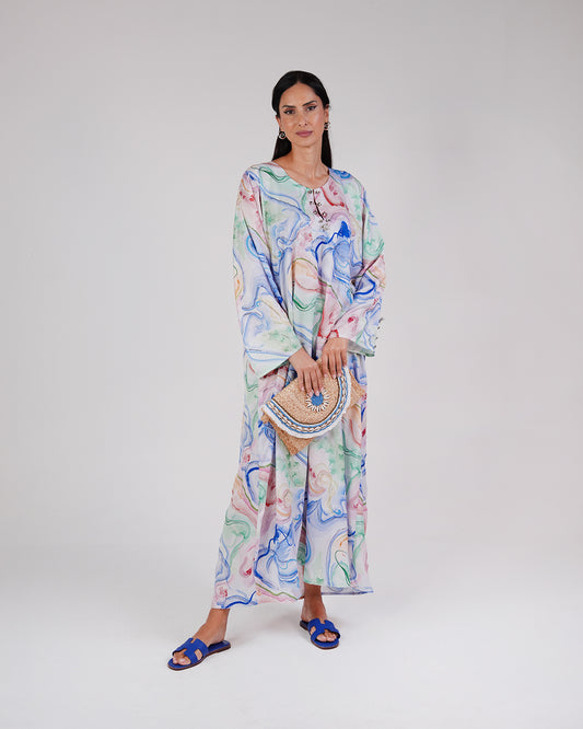 Full-length front view of the Lagoon Opal silk dress in pearl, aqua and pastel tones.