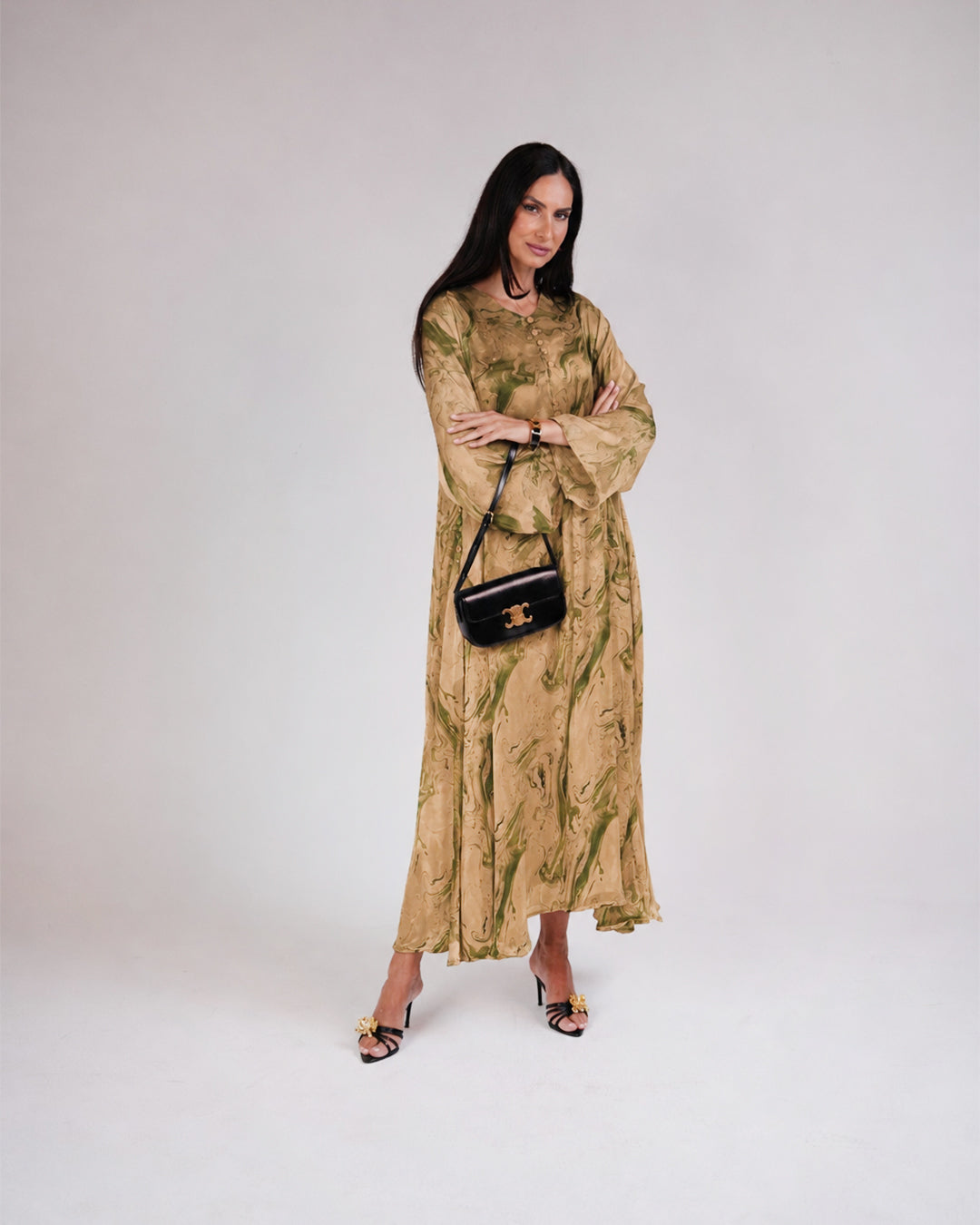 Mirelle Silk Dress in Olive & Gold