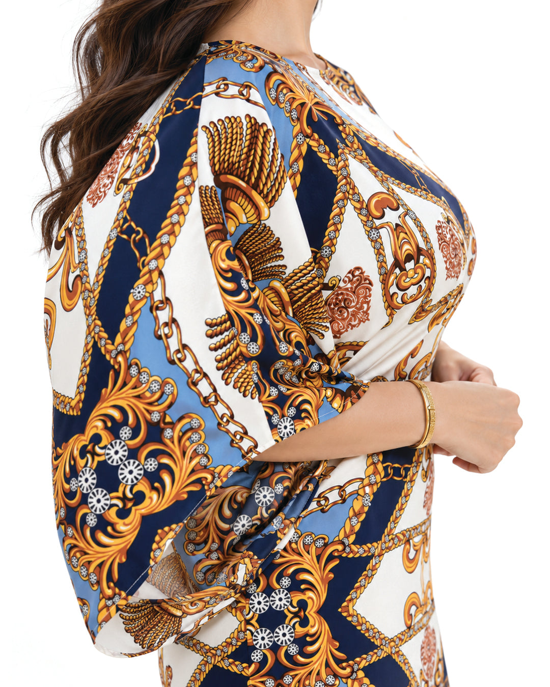 Rivelle – Navy & Gold Printed Satin Dress