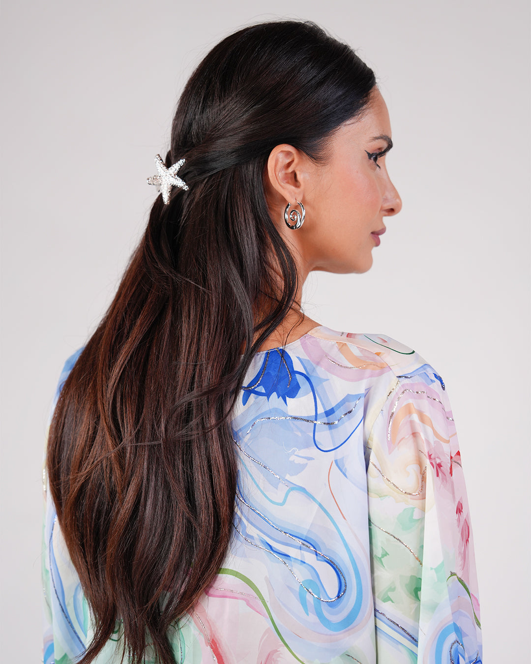 Rear upper-body view showing the Lagoon Opal silk dress’s shoulder and back print.
