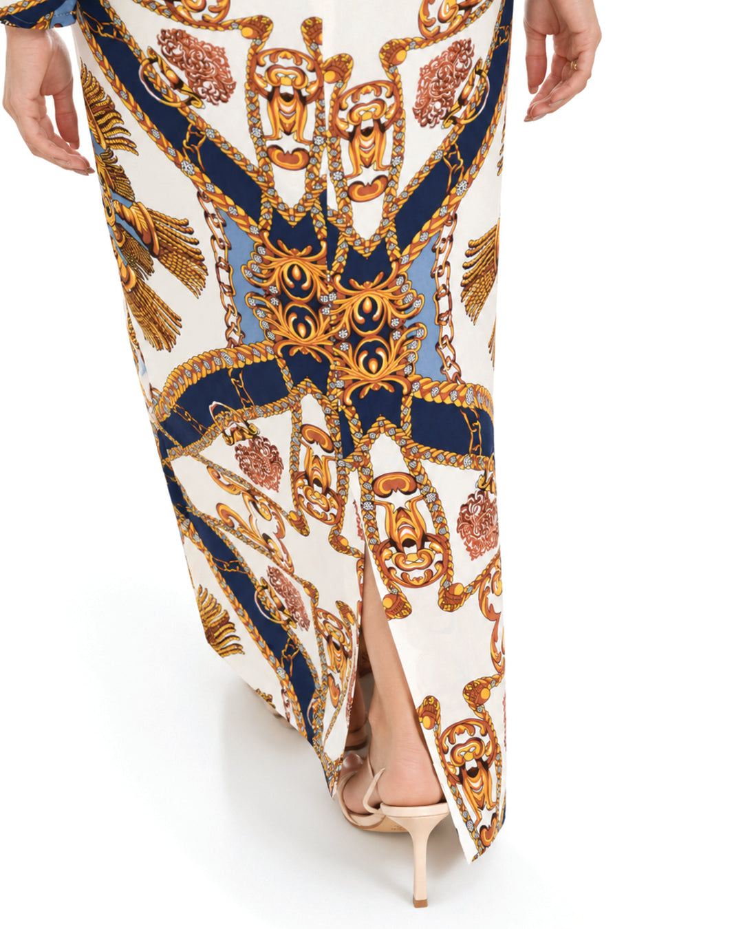 Rivelle – Navy & Gold Printed Satin Dress