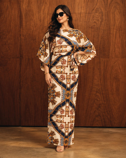 Rivelle – Navy & Gold Printed Satin Dress