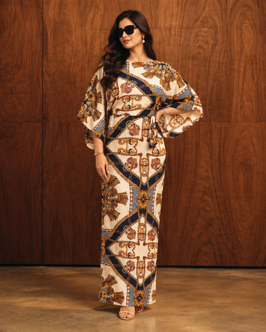 Rivelle – Navy & Gold Printed Satin Dress